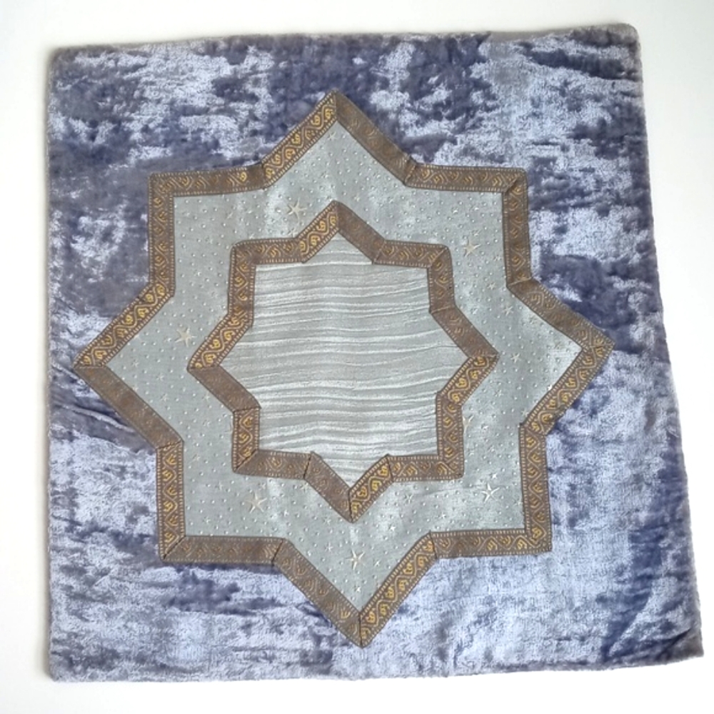Vintage Dusty Blue Gold Velvet Embroidered Embossed Star Pillow Sham 15” X 16”